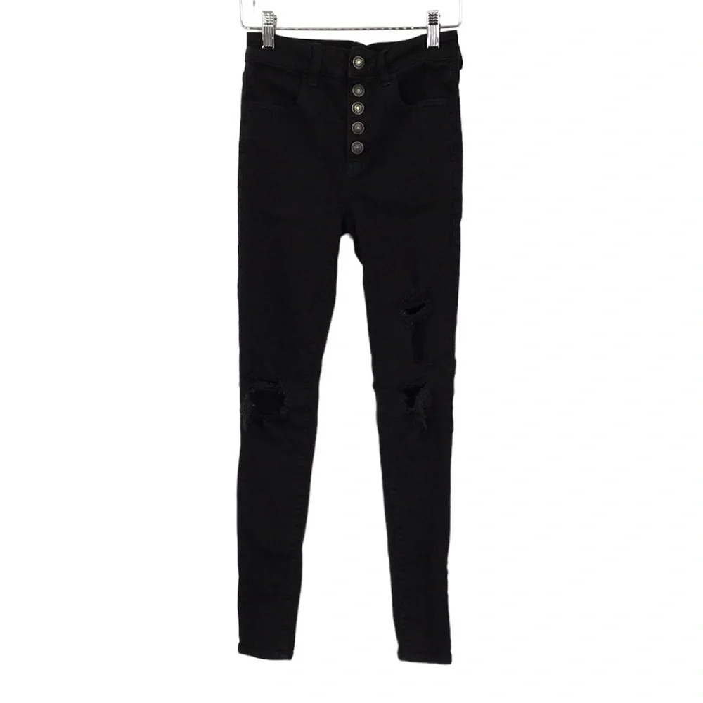 American Eagle Skinny Jeans Womens 0R Black Next Level‎ Stretch Denim Distrssed